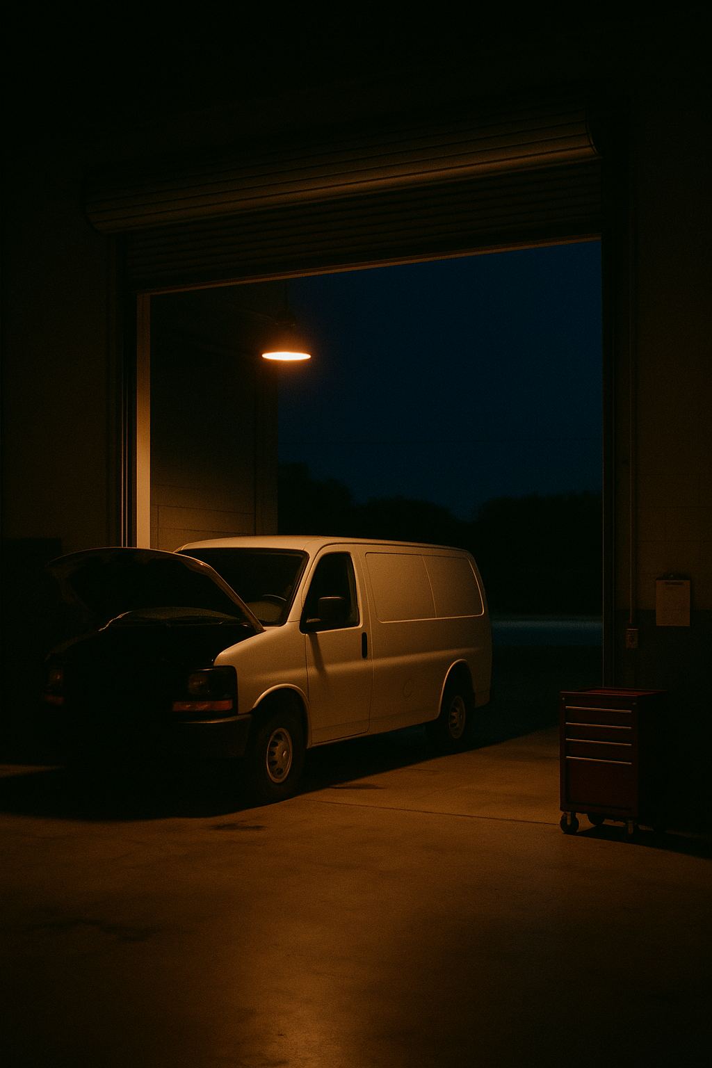 The interior of a clean professional service shop at night. A single tall bay door is rolled up, opening onto a deep-blue night sky. Inside, one white service van is parked with its hood propped open, lit by a single warm amber overhead utility light. A red mechanic's toolbox stands to the right. No people. The mood is quiet and after-hours.
