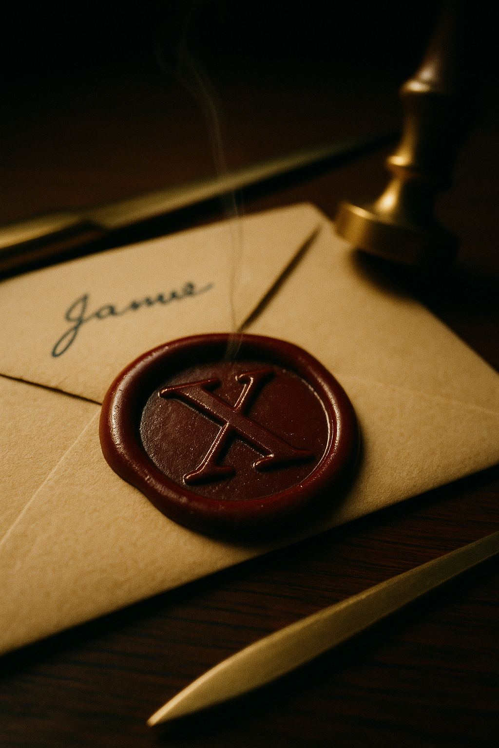 A close-up of an oxblood wax seal, freshly pressed with a brass embossing tool showing the letter X, on the back of a manila envelope addressed in ink-blue cursive. A brass letter opener rests beside it. A faint wisp of smoke rises from the cooling wax.